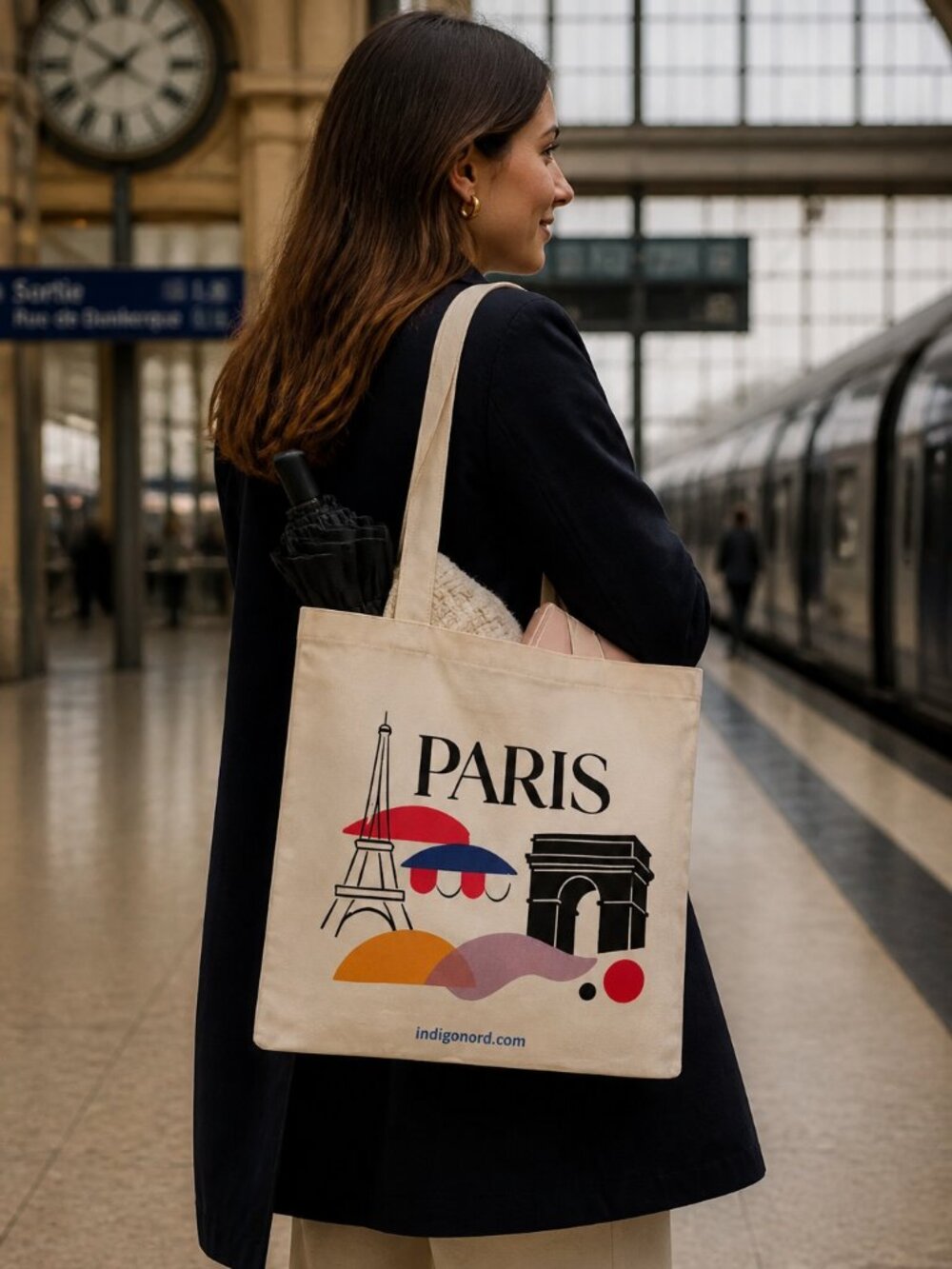 Paris Eiffel Tower Arc de Triomphe Canvas Tote Bag, Indigo Nord Travel Shopping